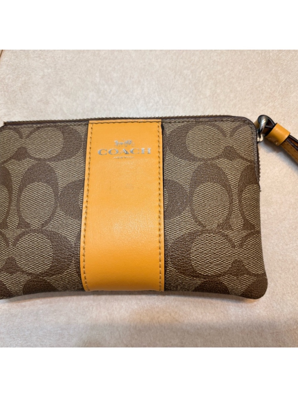 Coach Brown Signature Canvas Wristlet with Tan Leather Stripe